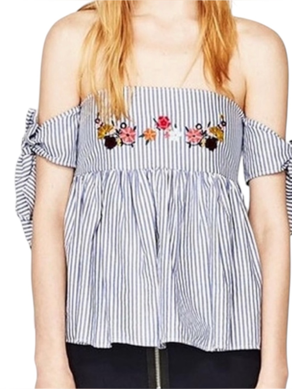 Zara Trafaluc Off Shoulder Babydoll Top Womens Small Blue Striped Flowers